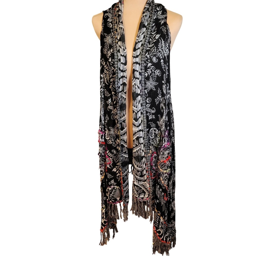 Soft Surroundings Paisley Embroidered‎ Fringe Duster Vest Kimono Boho 70s Style